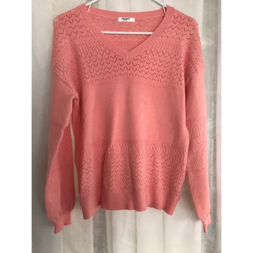 Zeagoo Womens‎ Salmon Pink Pointelle V-Neck Drop Shoulder Knit Sweater Size M